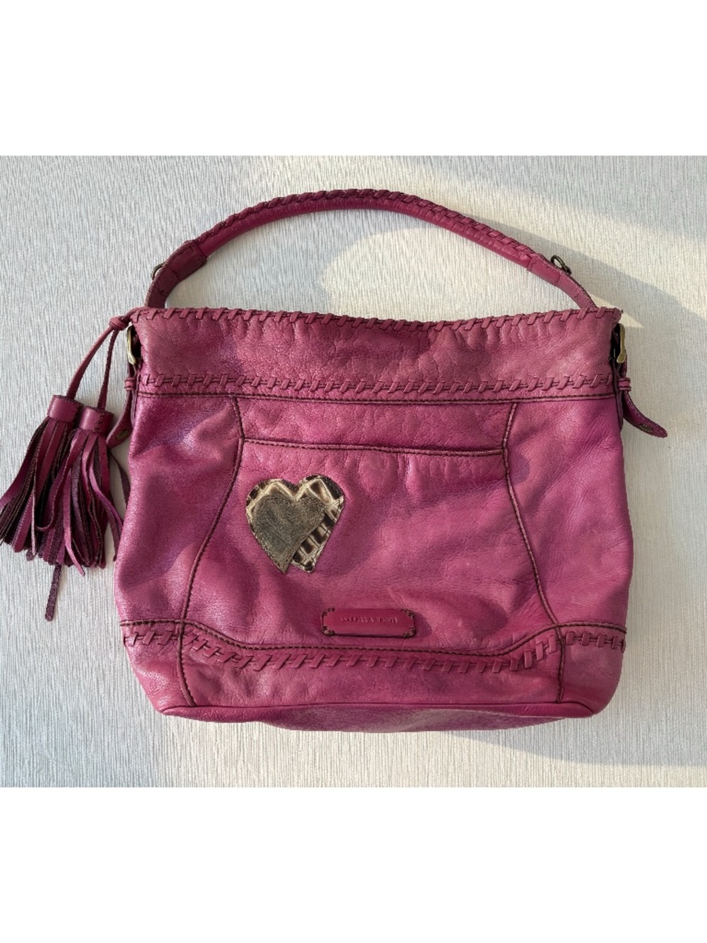 Isabella Fiore Pink Leather Heart Tassel Boho Shoulder Bag Y2K